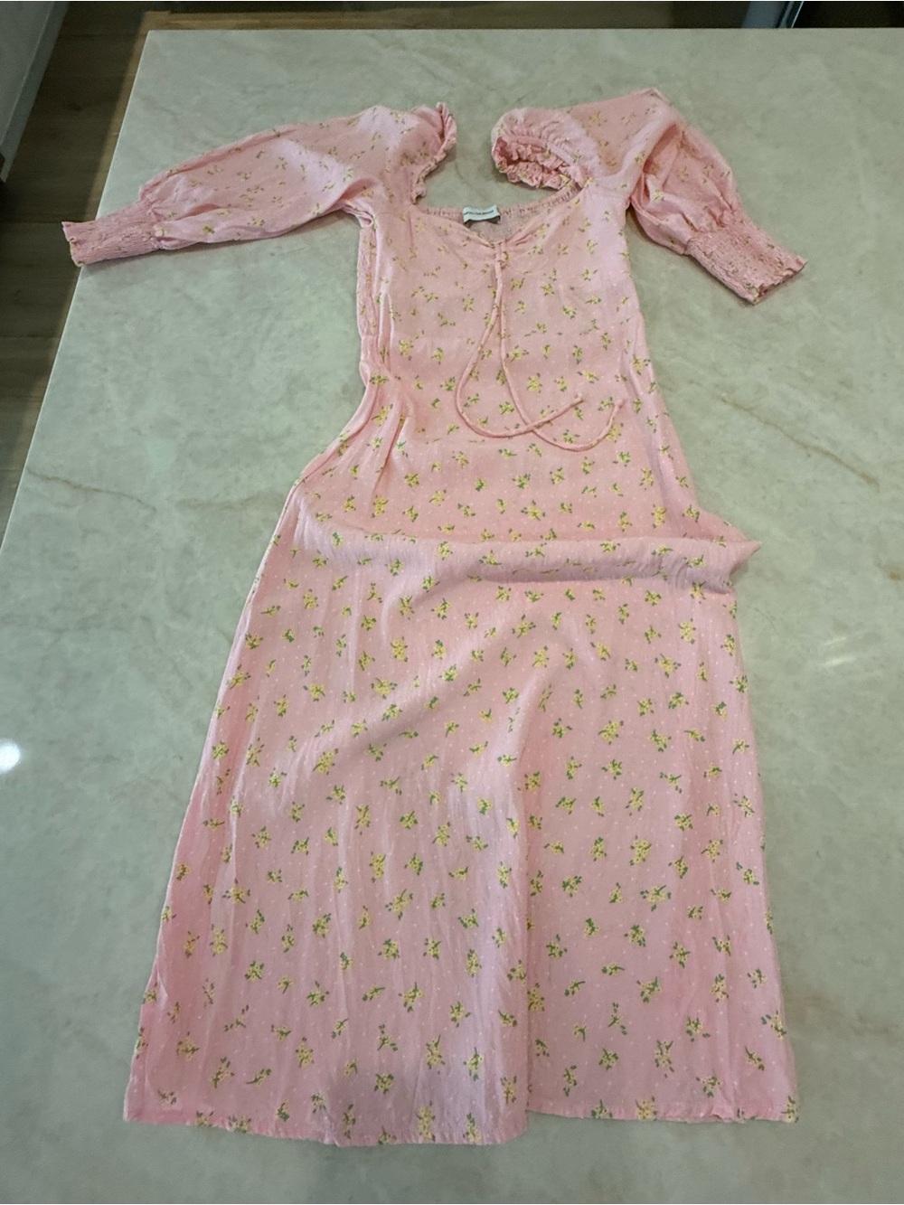 Faithfull the Brand Pink Floral Midi Dress with Puff Sleeves and Tie Neck